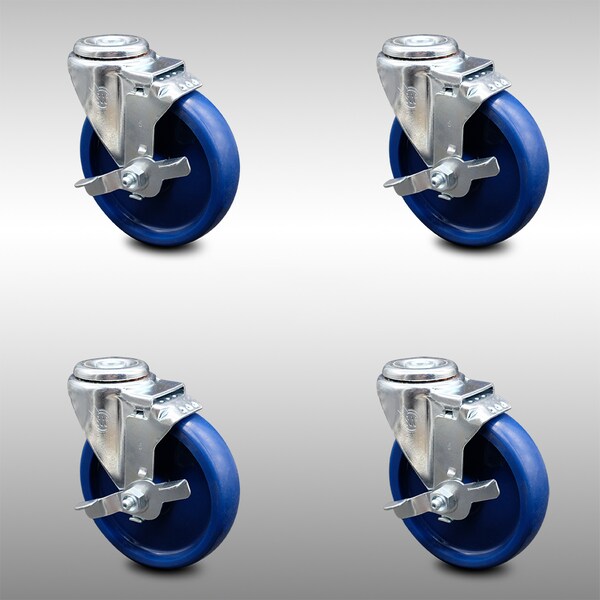 5 Inch SS Solid Polyurethane Wheel Swivel Bolt Hole Caster Set with Brake SCC